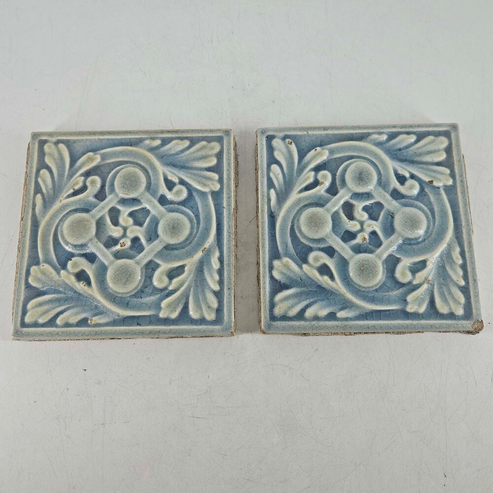 Antique Hamilton Tile Works Victorian pair of embossed tile tiles 4.25"